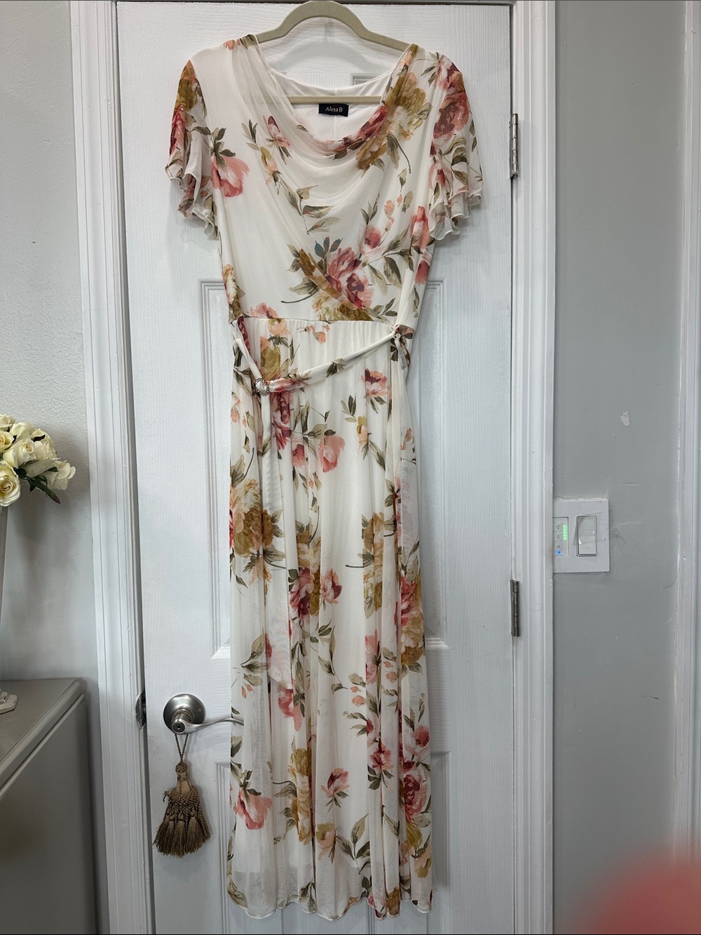 Floral Cream Cowl-Neck Maxi Dress with Self-Tie Waist